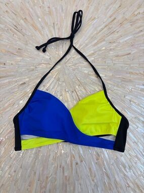 PINK Victoria's Secret Blue & Neon Yellow Colorblock Halter Bikini Top